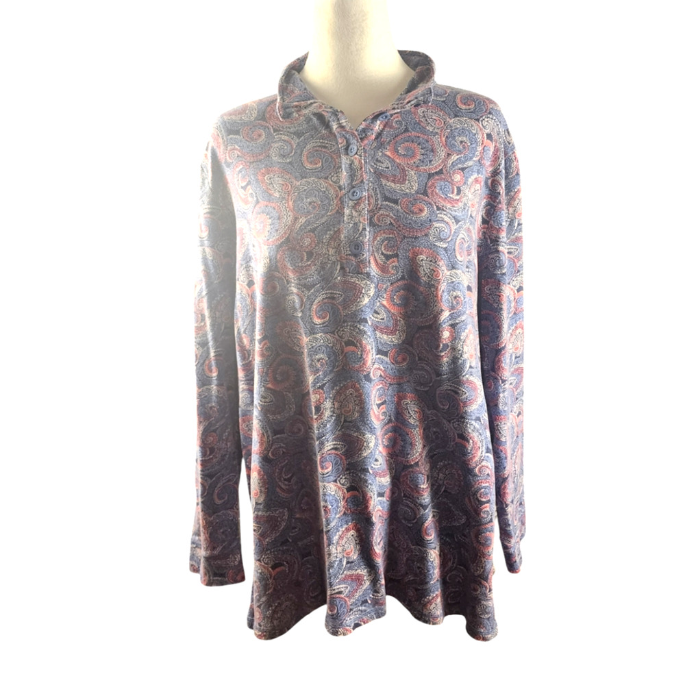 T by Talbots 1/4 Button-Up Short Blue/Pink Paisley Print Long-Sleeve Women's